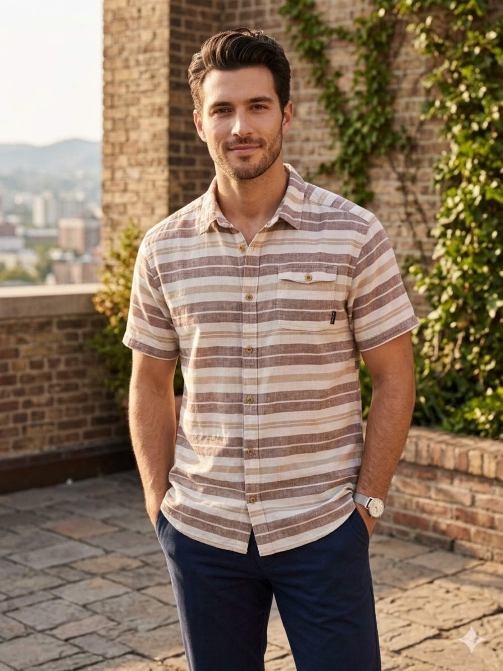 Men's Columbia Short-Sleeve Striped Button-Up Shirt - Beige/Brown